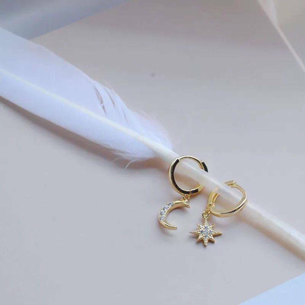 Set Orecchini Cerchio Donna In Argento 925 Con Pendenti Luna E Stella, Placcati Oro 18k, Ipoallergenici, Regalo In Confezione