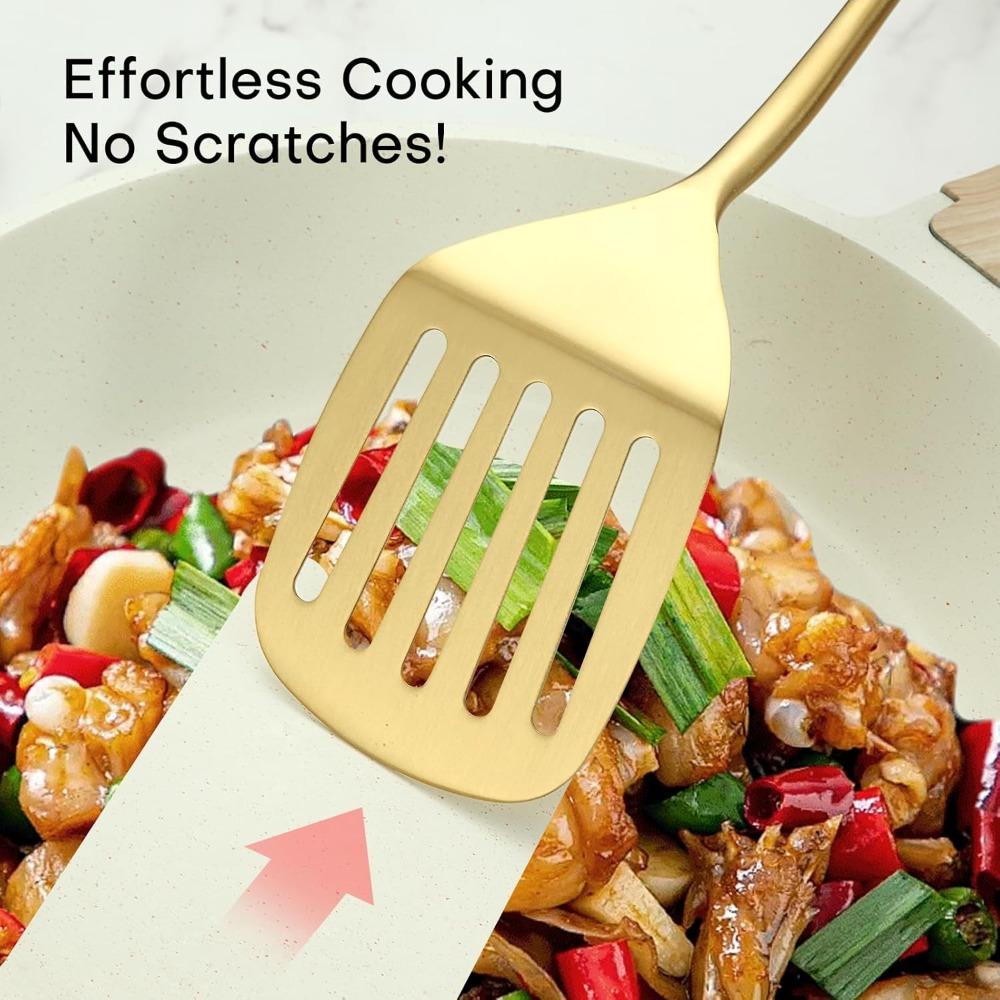 6pcs Stainless Steel Cooking Spoons Slotted Spoon Turner Spatula Pasta Spoon Dishwasher Safe Rust Resistant Kitchen Utensil