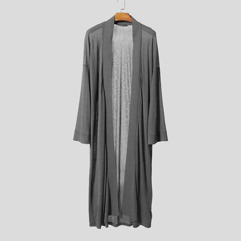 INCERUN Мужской кардиган с длинным рукавом прозрачный спереди открытый повседневный длинный сетчатый шифоновый 5XL серый 2659₽