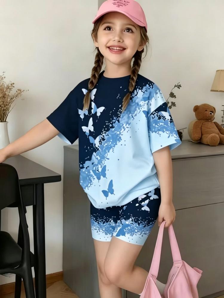 Whimsical 3D Butterfly Print 2 Piece Kids Summer Casual Set Lightweight Short Sleeve Shorts For Unisex Boys Girls