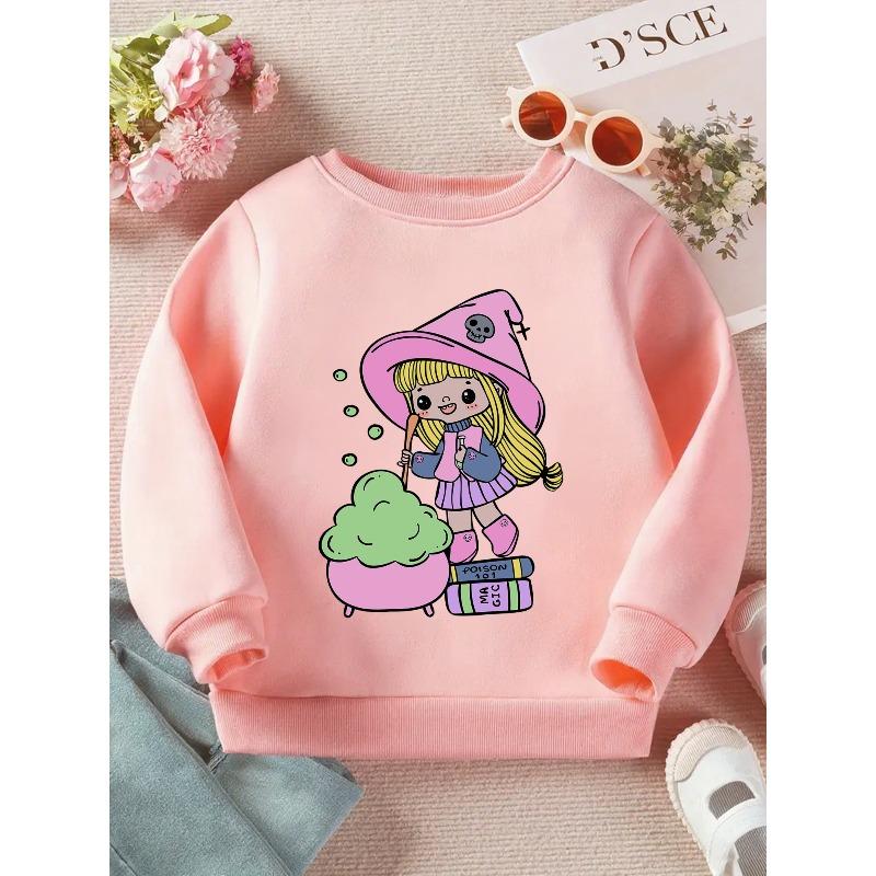 Kids Crewneck Sweatshirt, Cute Potion Witch Halloween Graphic Print, Soft Casual Long Sleeve Pullover