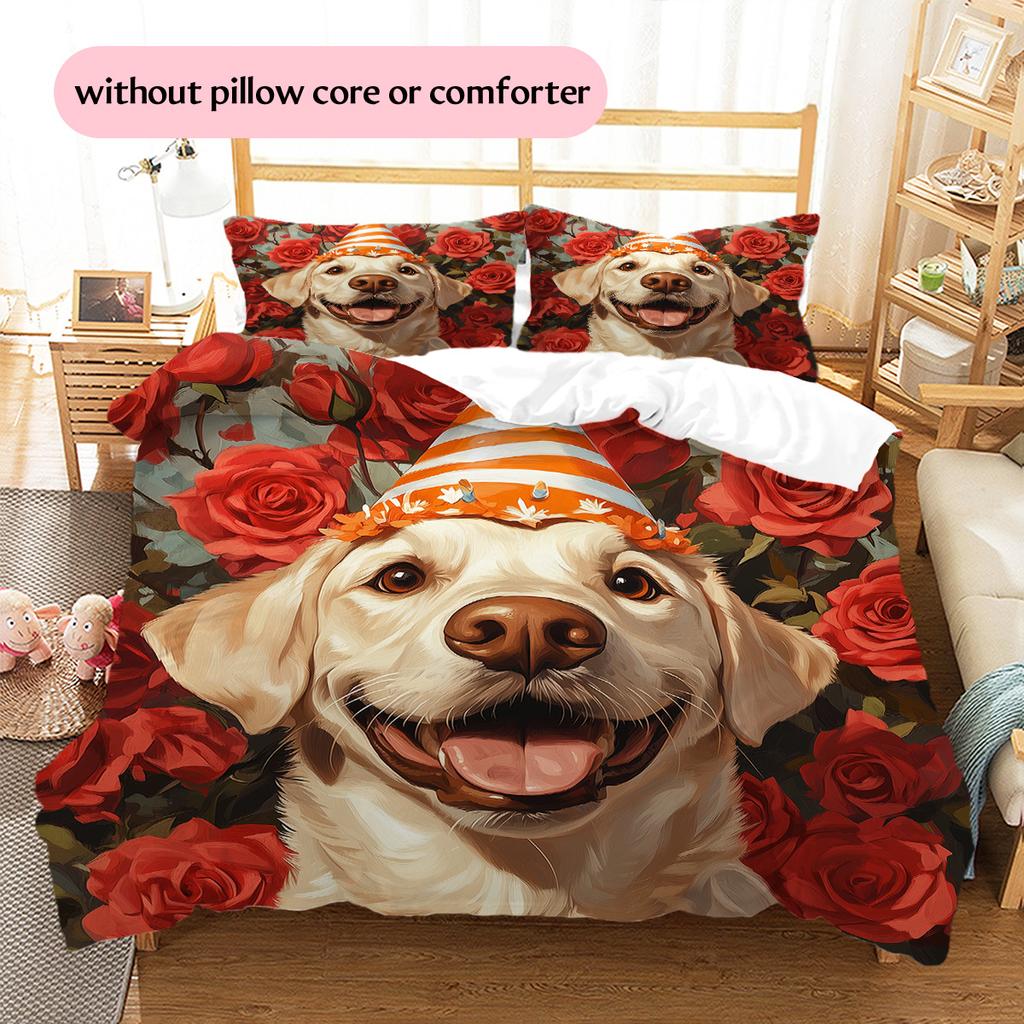 Rose Dog with Birthday Hat Pattern Bedding Quilt Set Home Decoration Gift (1 * duvet cover + 2 * pillowcase without core)
