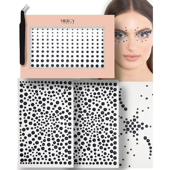 MERCY LONDON Face Gems in Clear, 866 Self Adhesive Makeup Face Gem Stickers, 4 Sheets, Reusable Eye Gems, DIY Face Gems