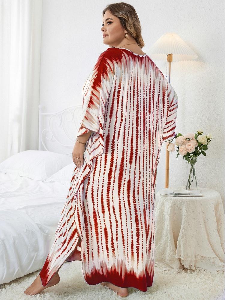 EDOLYNSA Red Striped Women's Kaftan Bohemian V-neck Chinese Knot Auspicious Knot Long Dress Robe Bathing Suit Cover Up Outfit Q1297