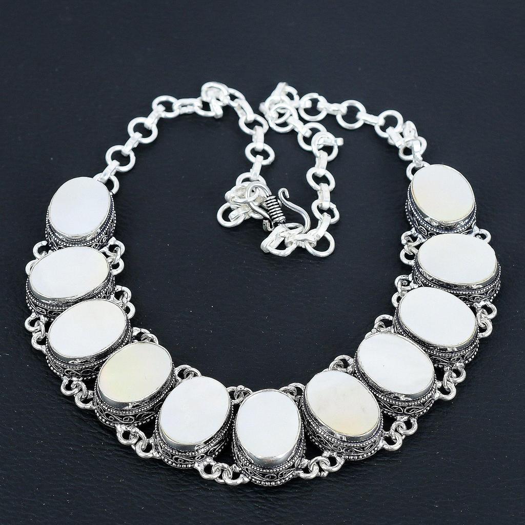 Natural Mother Of Pearl Gemstone Handmade 925 Sterling Silver Jewelry Neclace Bracelet Set, Antique Jewelry Set, Birthday Gift For Wife