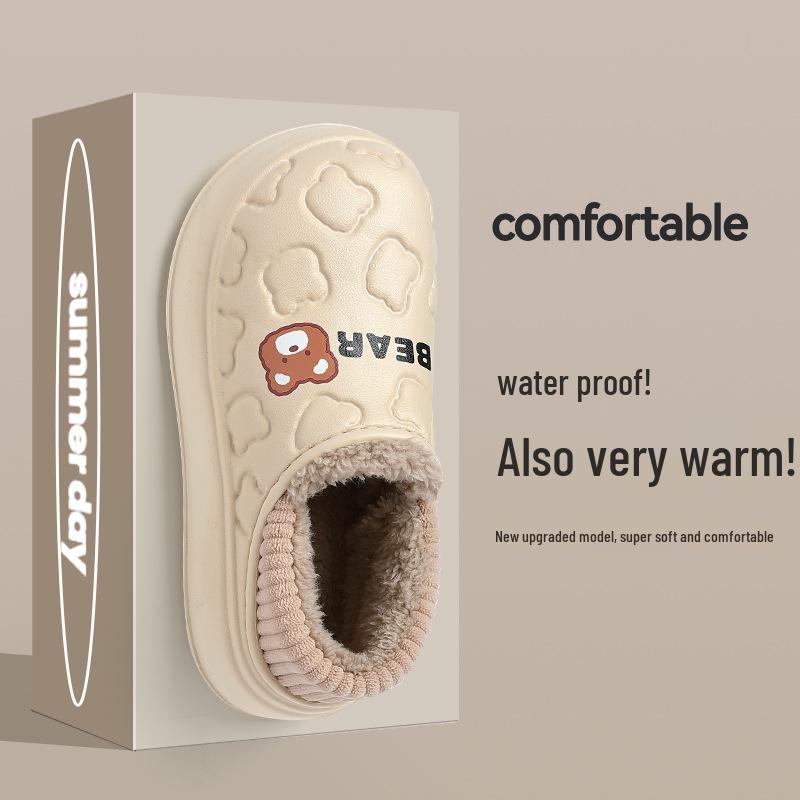 Women's Closed-Heel Waterproof Cotton Slippers - Non-Slip, Warm, Thick-Soled for Indoor Use, Autumn & Winter