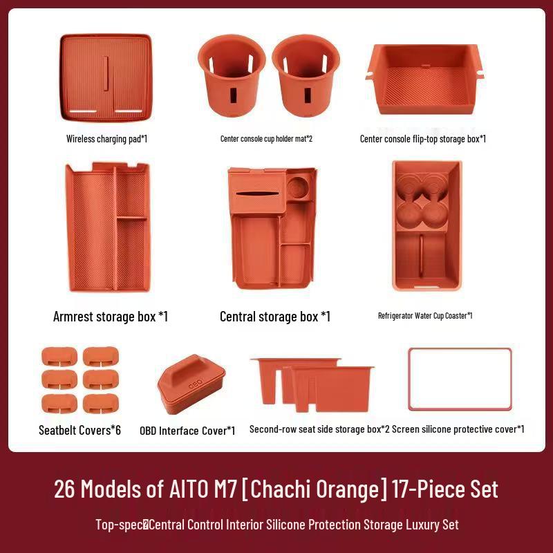 Compatible with 26 AITO M7 models, this silicone car interior set features wireless charging capabilities and decorative modifications.