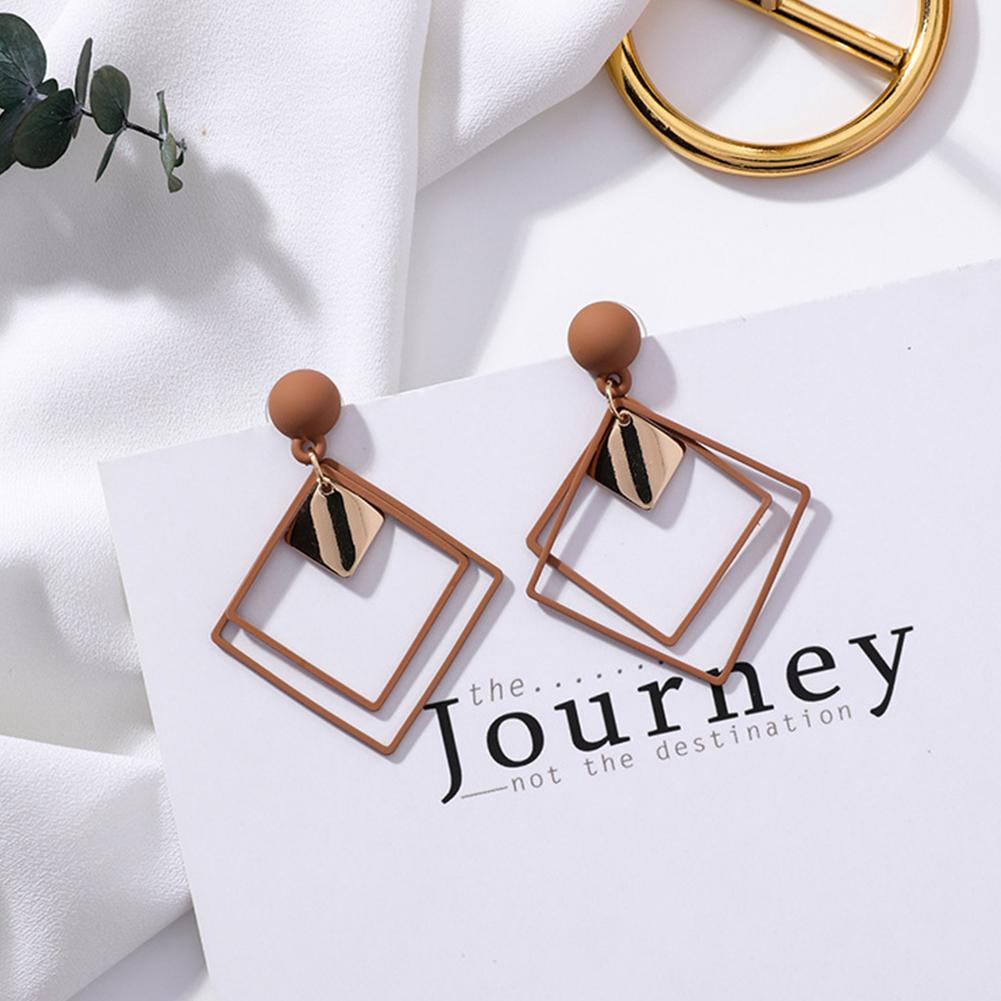 Women Unique Frosted Square Double Layer Geometry Pendant Earrings