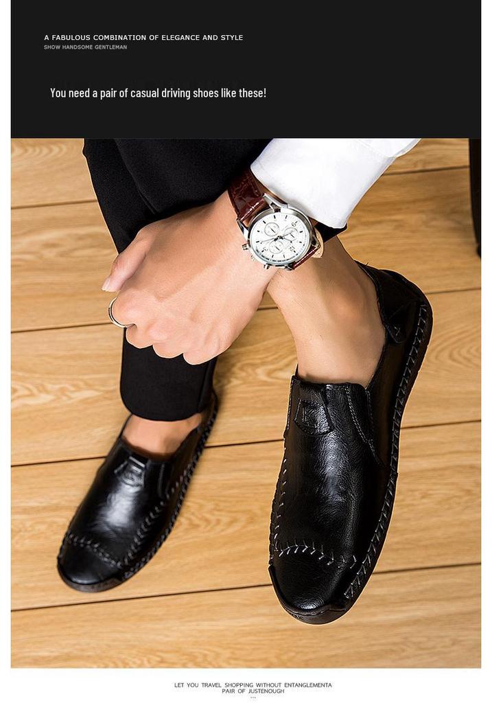 Men's Retro Hand-stitched Slip-on Leather Shoes - Breathable, Casual, Plus Size Driving Shoes