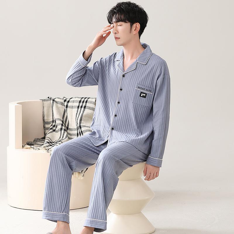 Pajamas Men'S Spring And Autumn Cotton Long Sleeve Autumn Cotton Cardigan Casual Suit Autumn Loungewear