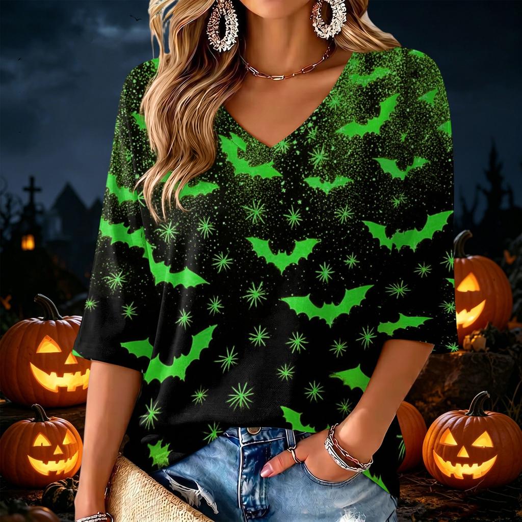 Women's V-Neck Halloween Print Lightweight Blouse for Spring and Summer