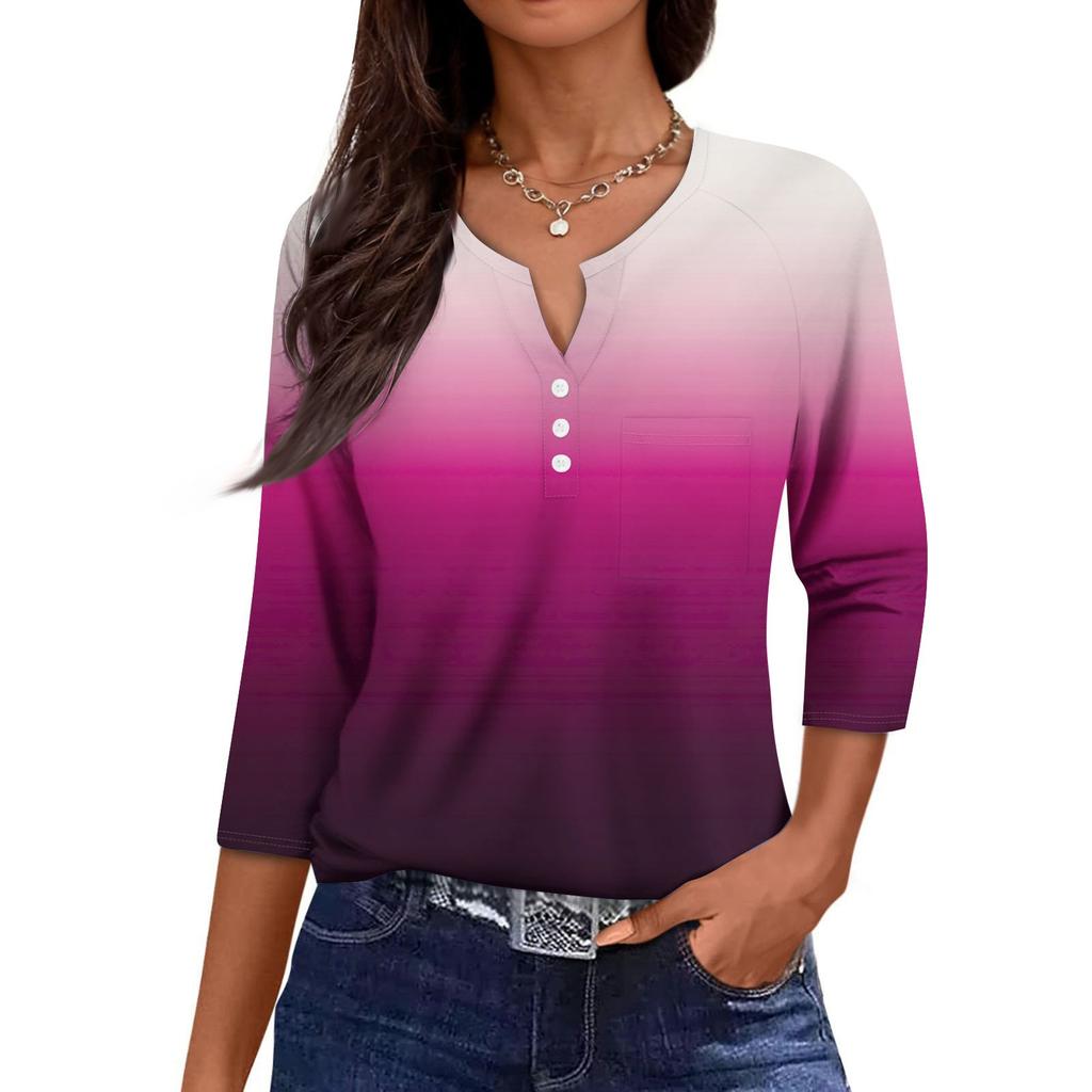 Ladies Casual Fashion V-neck Loose Versatile Gradient Print Three-quarter Sleeves
