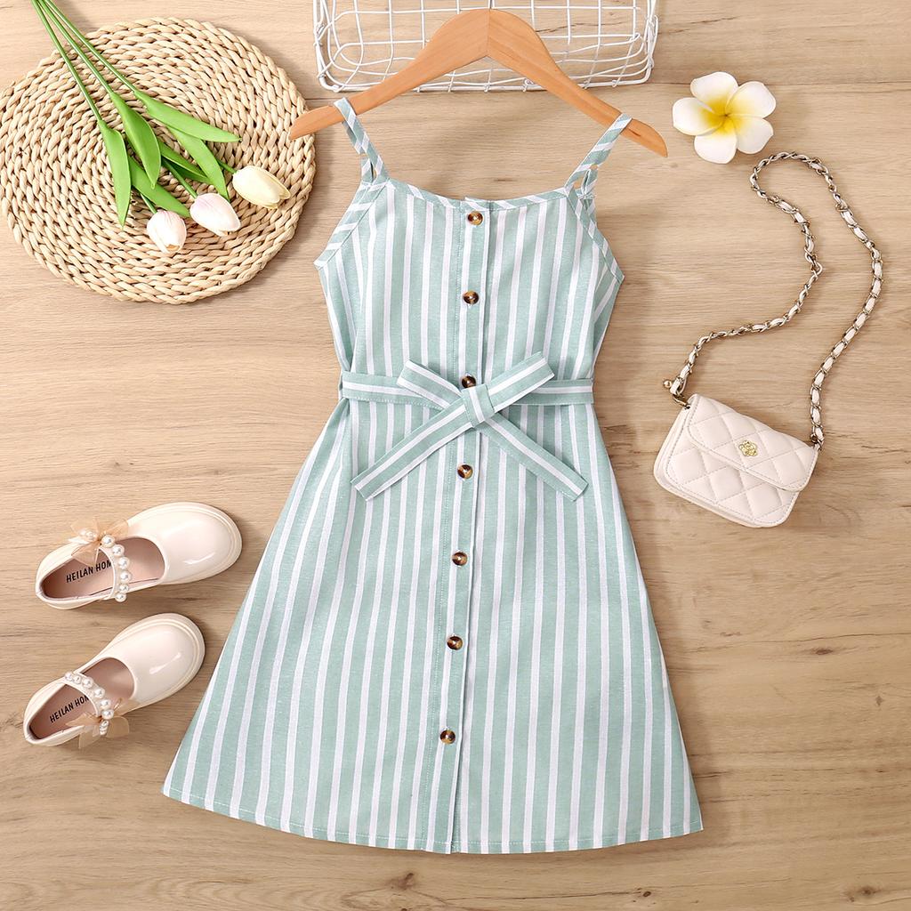Summer New Girls Striped Dress Single Breasted Sleeveless Suspender Dress Children's Clothing