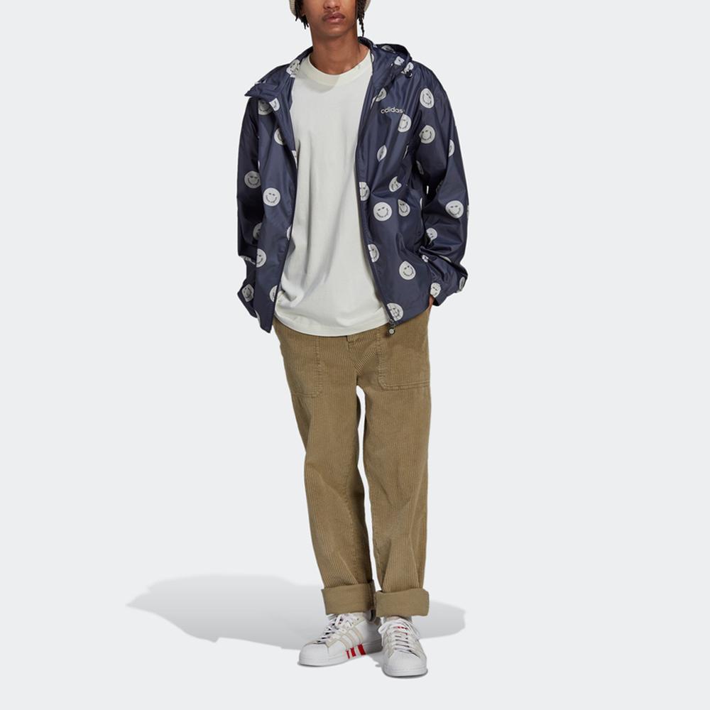 Adidas Originals Trefoil Cartoon Smile Full Print Casual Hooded Sports Jacket Men Jacket Dark-Navy HN0394