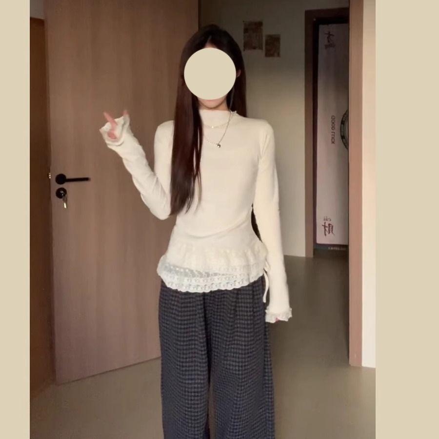 Korean Lace Trim Plush Base Layer Slim Top for Women - Autumn/Winter Long Sleeve