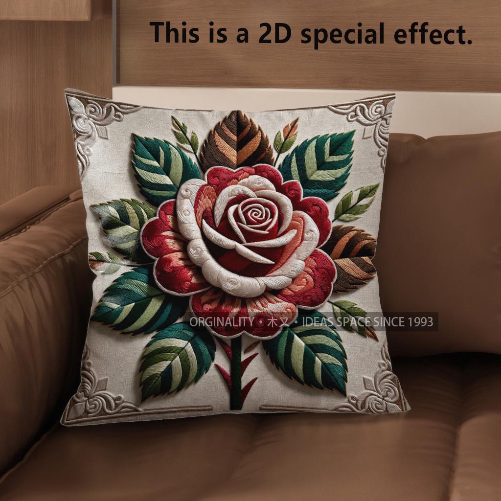 2D Vintage Embroidered Rose Throw Pillow Covers** Pattern Cushion Cover Suitable For Sofa Bedroom Car Pillow Cover