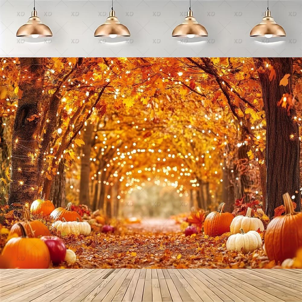 Rustic photographic backdrop: Maple forest, orange autumn leaves, pumpkin banner, for baby shower decorations4918
