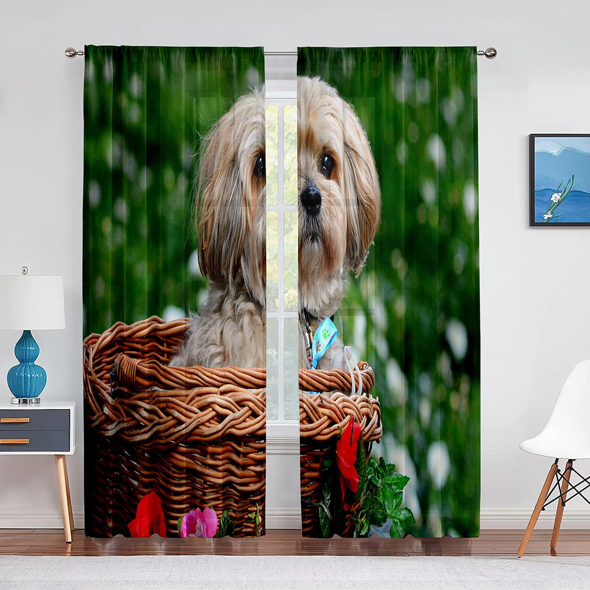 Schattige Hond Shih Tzu Puppy Huisdier Transparante Voile Gordijnen voor Woonkamer Slaapkamer Keuken Tule Raamgordijn Huis Balkon Decoratie Draperieën 1 PCS W100XH250cm&Grommet Top