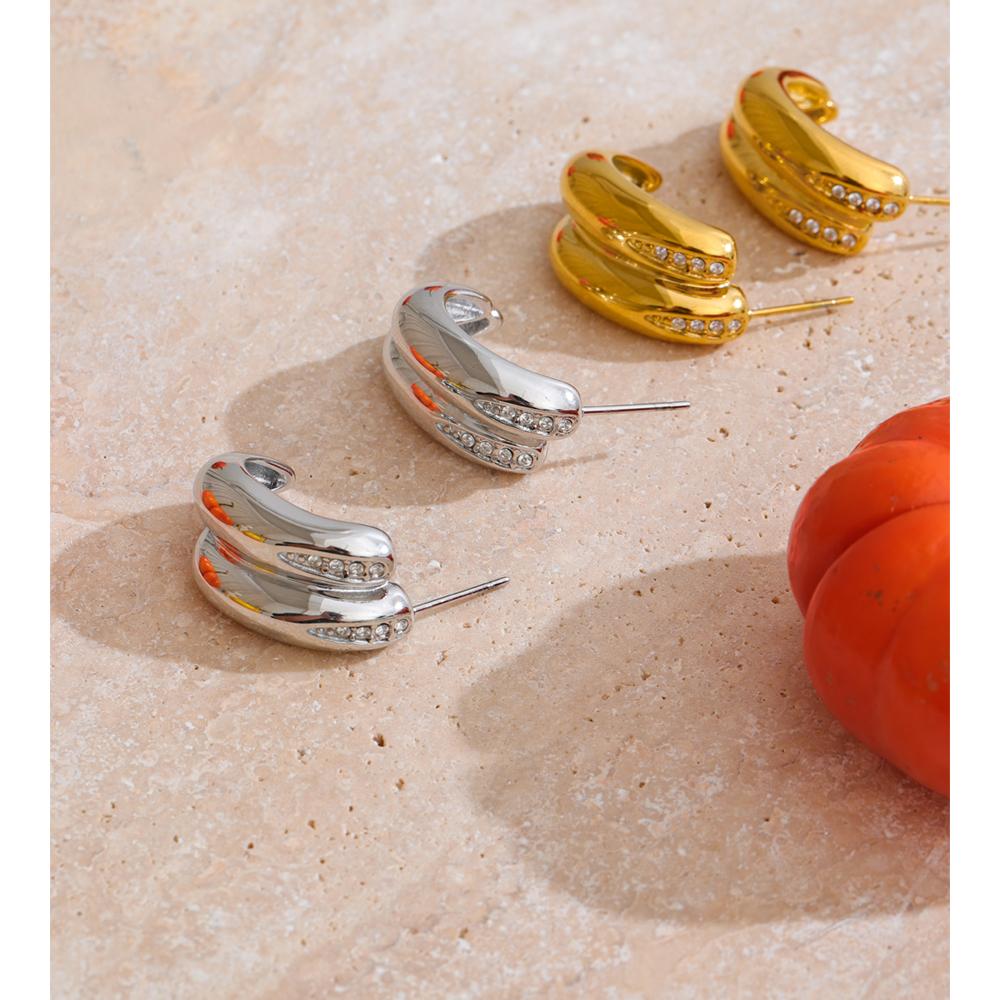 Yhpup High Quality Stainless Steel Zirconia Double-Layer C-Shape Earrings for All Occasions Geometric Daily Jewelry Gift