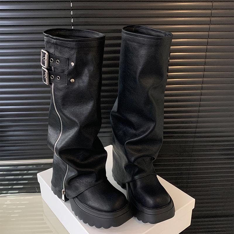 Punk Style Splicing Dicksohl Damen Kniehohe Stiefel Mode Reißverschluss Damen Plateau Ritter Lange Stiefeletten Schuhe