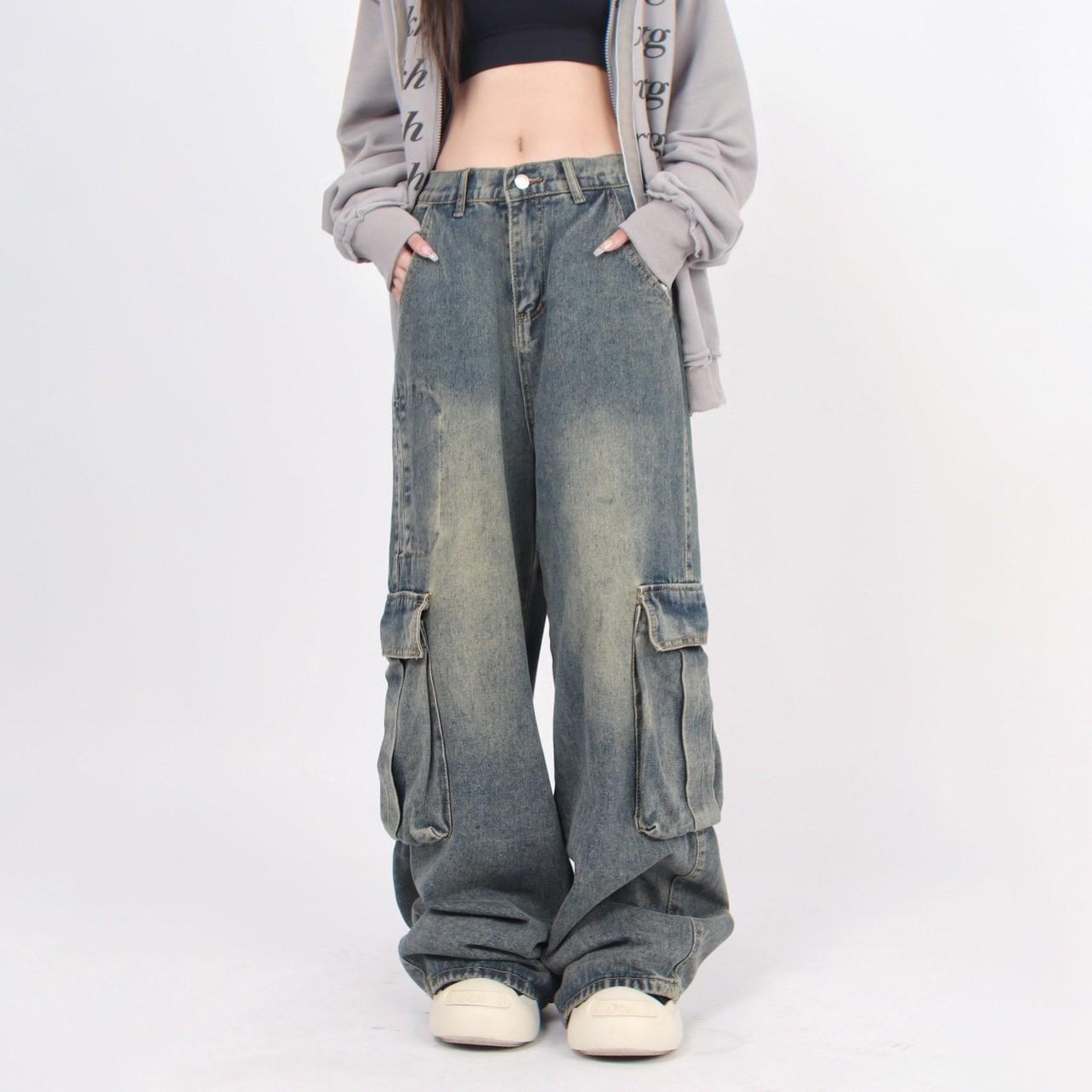 

JYL Men s Cargo Pants American Washed Pocket High-Street Vintage Wide-Leg Denim Pants S амазонка