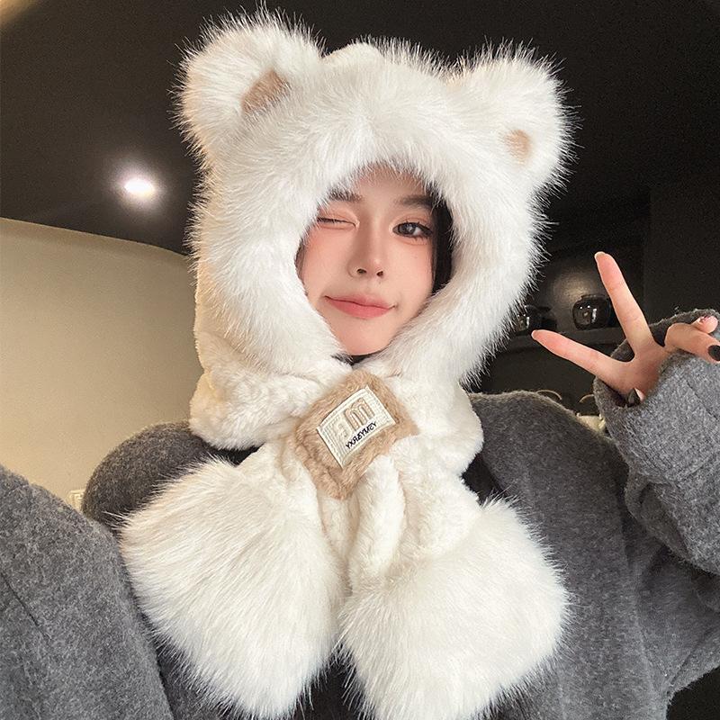Angola red plush bear hat women's winter new autumn and winter thickened warm scarf gloves integrated