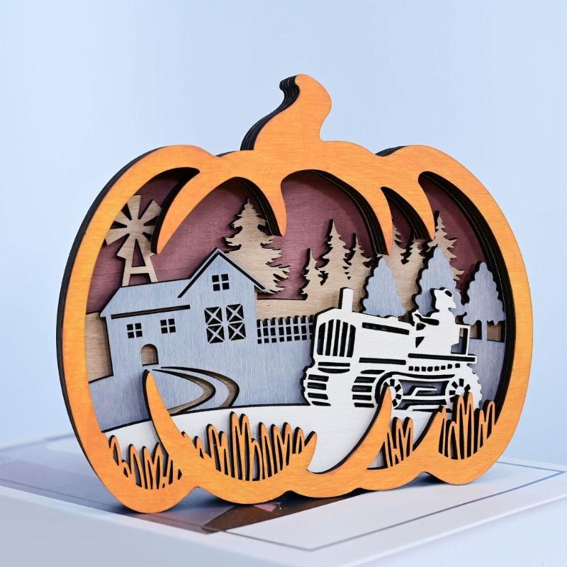 Artisanal Pumpkin Carving Decoration For Thanksgiving Halloween Safe Nontoxic Wooden Craft Ornament Tabletop Shelf