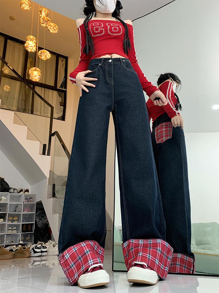 Jeans de Pierna Ancha con Parches a Cuadros Rojos de Cintura Alta para Mujer - Otoño/Invierno 2024, Tallas Grandes Estilo Retro Adelgazante