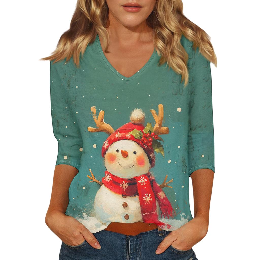 Dámský vánoční potištěný módní ležérní top se sedmiosminovými rukávy a výstřihem do V