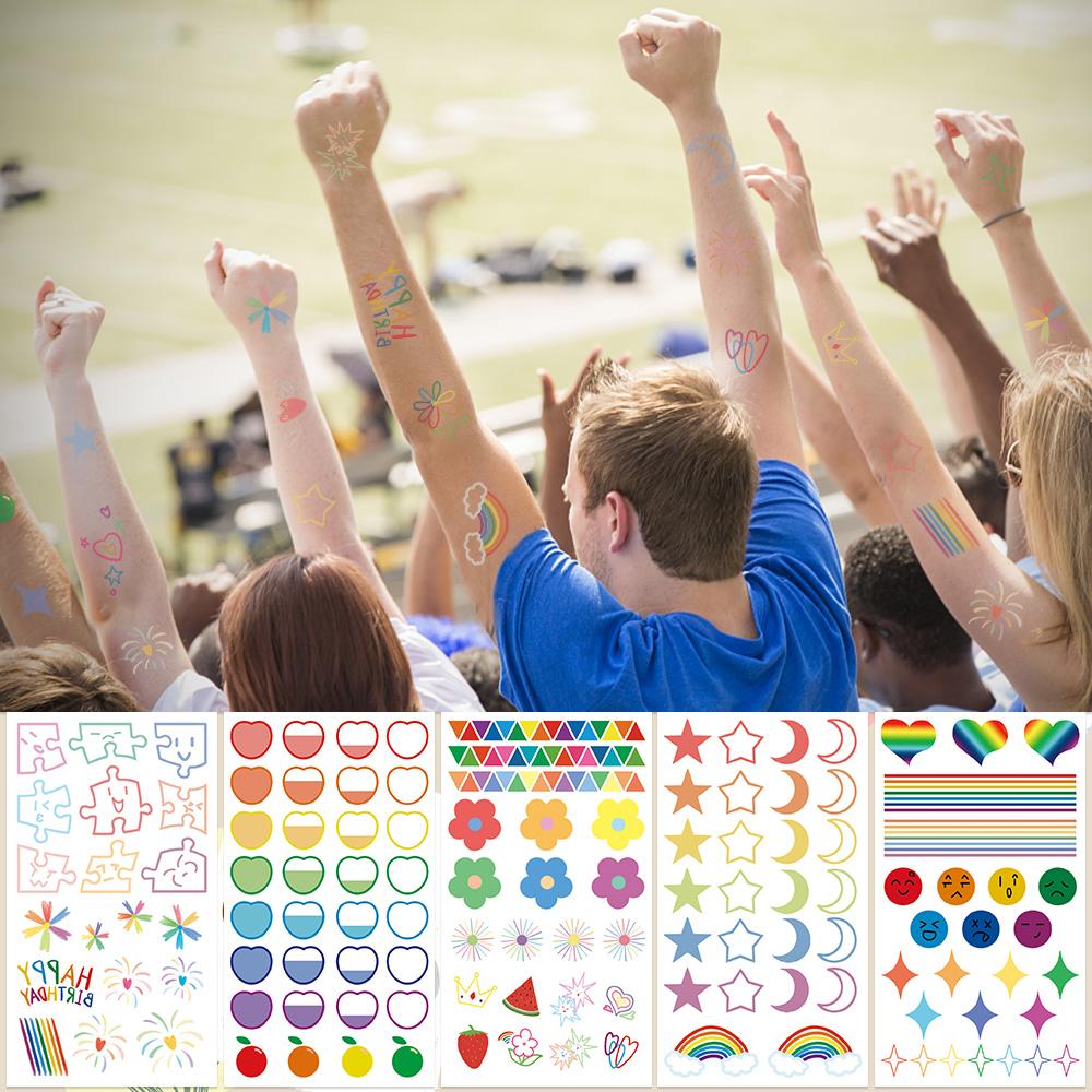 10 arkuszy Kolorowe naklejki z tatuażem graffiti na twarz, ramię, ciało, tymczasowe, fałszywe, wodoodporne, prezenty na przyjęcie dla dzieci