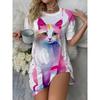 Lady Watercolor Cat Print Long-Sleeved Round-neck Dress