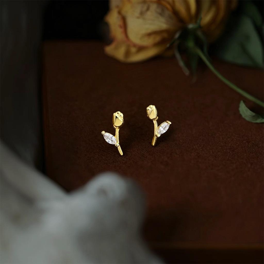 Tulp 925 Zilveren Oorknopjes, 14K Goud Verguld, Minimalistisch Ins Stijl