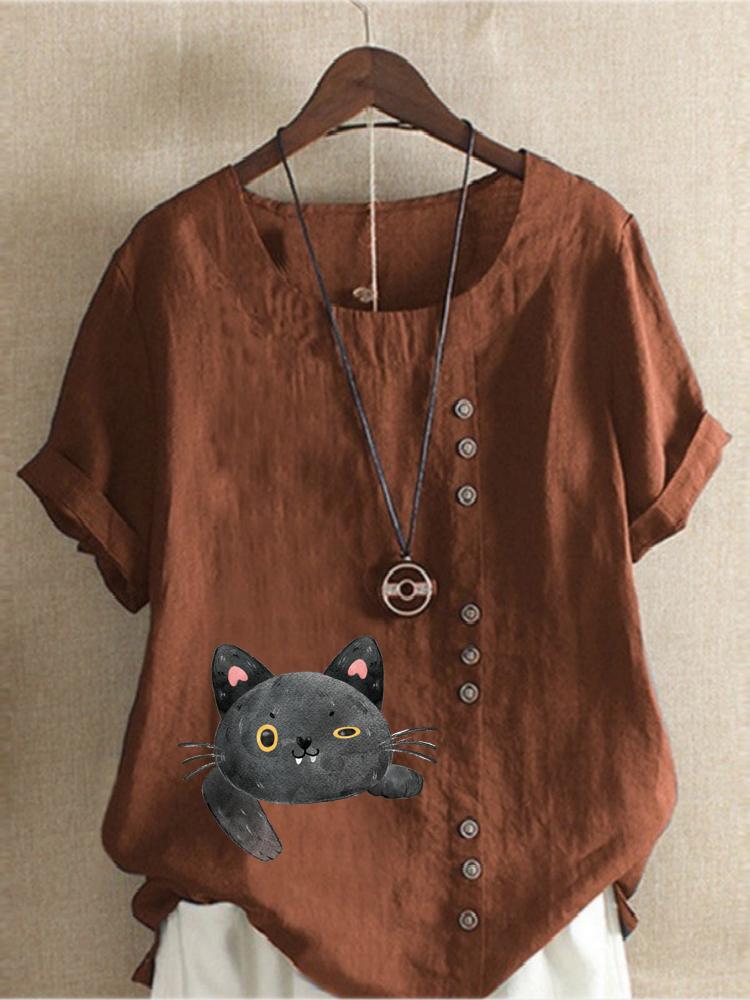 Women's Fashion Cat Printing Casual Cotton Linen Short Sleeve Round Neck T-shirt Shirt Leisure Loose Summer Blouse Tops
