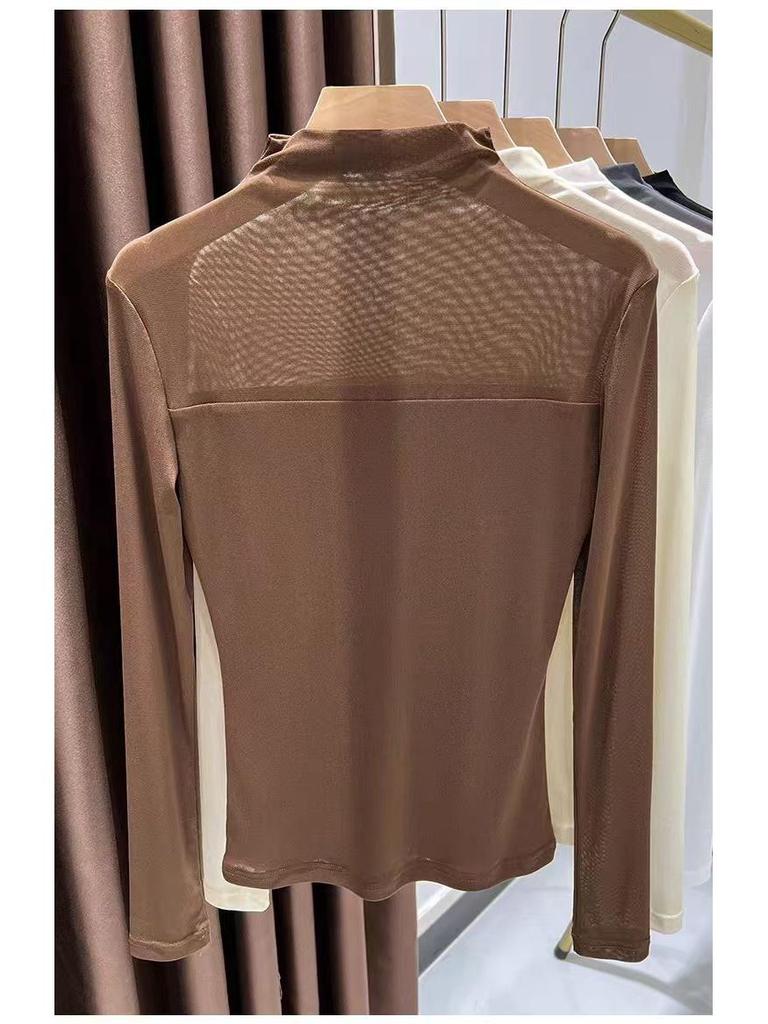 Women's Semi-High Neck Lace Mesh Top - Solid Color, Early Autumn 2025 Collection.