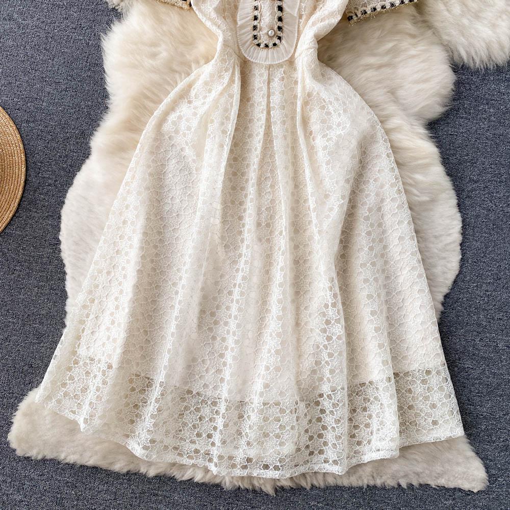 Summer Elegant Women Lace Embroidery Sweet Party Dress European Style Hollow Out Long Midi Dresses