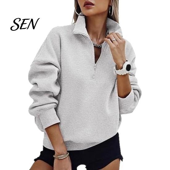 Langarm-Layering-Oberteile Damen Übergroßer Pullover, Stehkragen Reißverschluss Halbe Knopfleiste Oberteile, Leichter Pullover für Lässige Streetwear Entspannt
