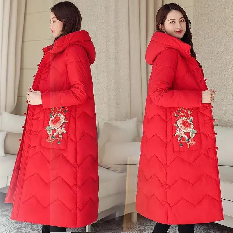 Ethnic Style Down Padded Jacket Women's Mid-length Embroidered Over-the-knee Padded Jacket Chinese Style Padded Jacket Thickened Winter Clothes