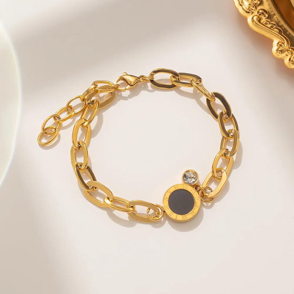 Luxury Gold Stainless Steel Crystal Pendant Bracelet for Women New Trendy Circle Roman Numerals Bangle Party Jewelry