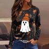 Women's Fashion Long Sleeve Top with Halloween Print and Side Slits, Round Neck