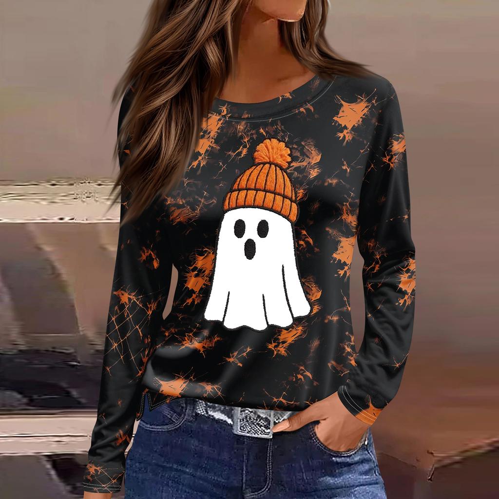 Women's Fashion Long Sleeve Top with Halloween Print and Side Slits, Round Neck