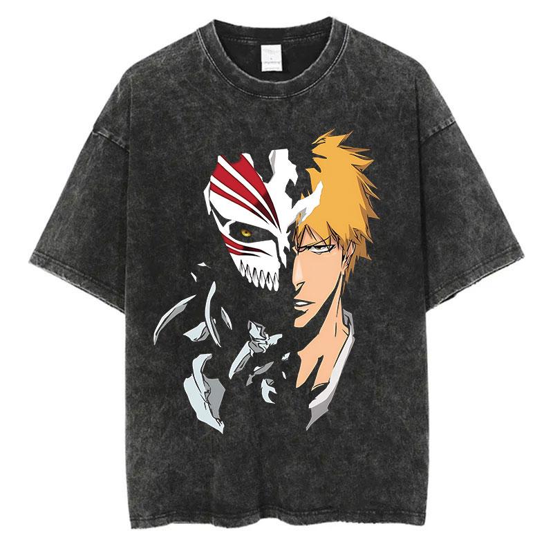 Anime Bleach Washed Tshirt Harajuku Streetwear Vintage Graphic T-Shirt Summer Short Sleeve Cotton Men Women Top Tee