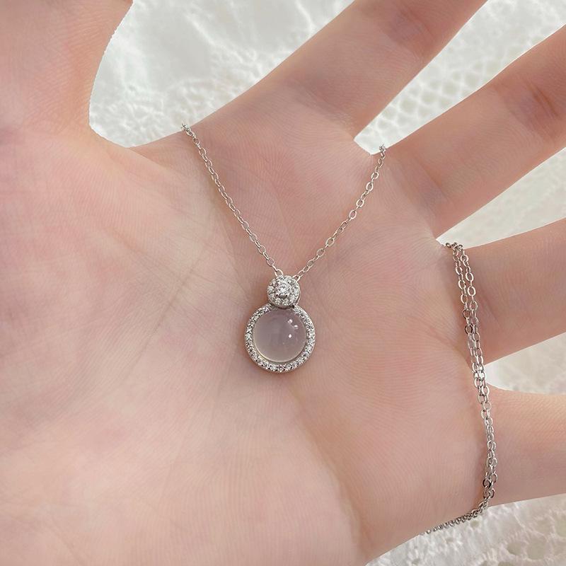 Exquisite White Chalcedony & Diamond Round Pendant Necklace - Versatile High-End Choker