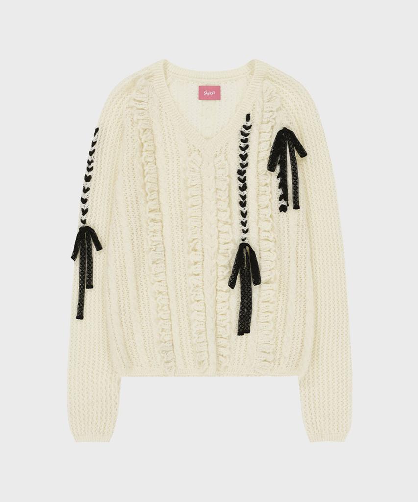 SINOON [Worn By Yeonwoo] Crochet Ribbon Tie V-Neck Pullover (Ivory)