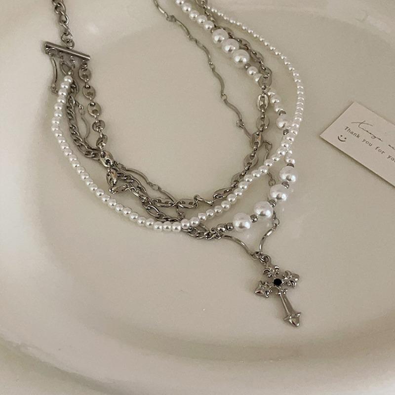 Multi Layer Cross Pearl Choker Clavicle Necklace For Women Fashion Jewelry