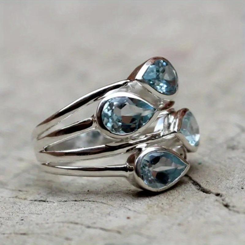 1pc Exquisite Luxury Style Multi-circle Hollow Out Multiple Sky Blue Imitation Crystals Twinkling Silver Color Ladies Ring