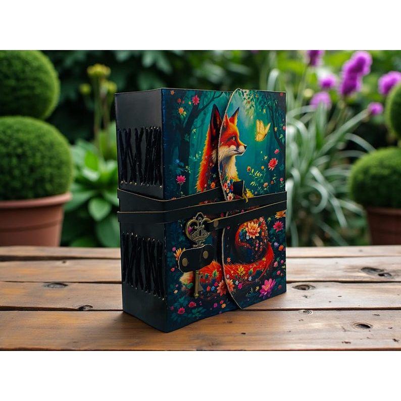 Fox Leather Journal Vintage Handmade Notebook With Key Grimoire Spell Book of Shadows Celestial Diary Christmas Gifts For Him Her