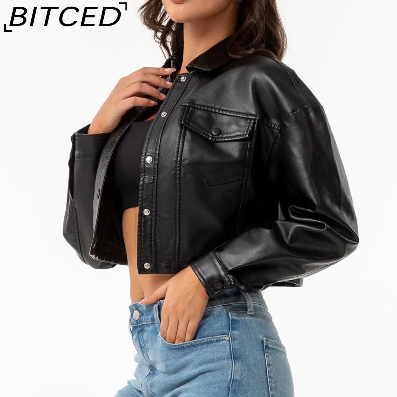 BITCED Spring/Autumn Loose-Fit Casual Leather Jacket for Women Long-Sleeved Single-Breasted Short-Length Jacket