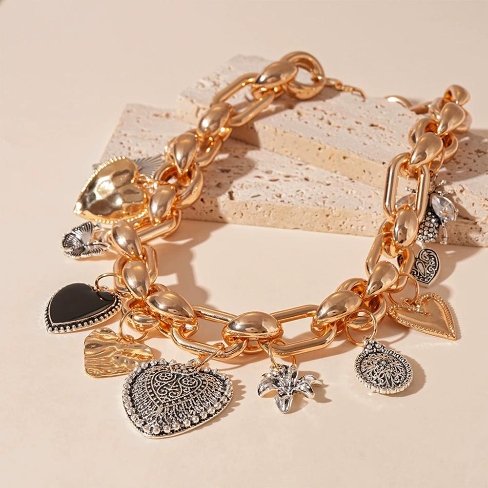 Retro Individualistic Exaggerated Rhinestone Metal Heart Bow Necklace Elegant Necklaces Fashionable Jewelry Accessories Women