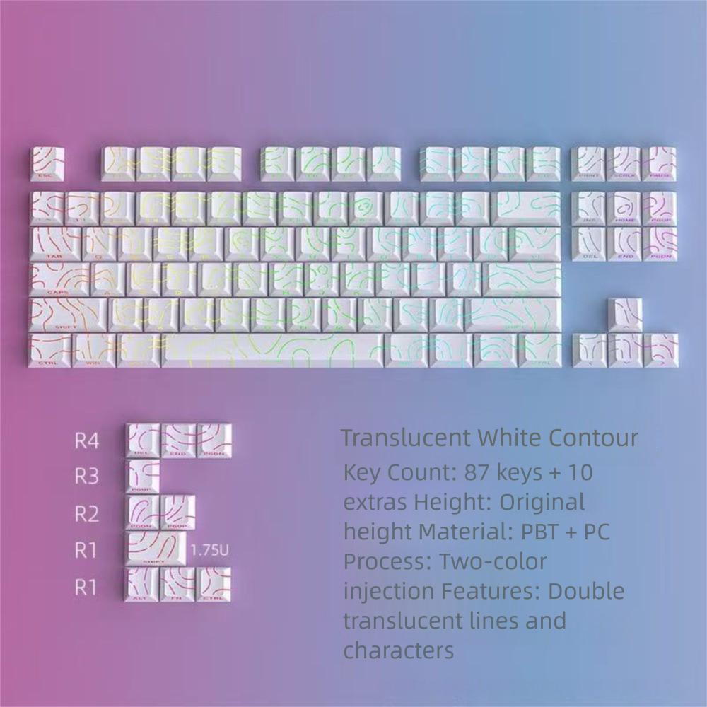 

97 Keys PET Mechanical Keyboard Keycaps White Contour Lines Sidelit Light Double Shot Keycaps Translucent Cherry Profile