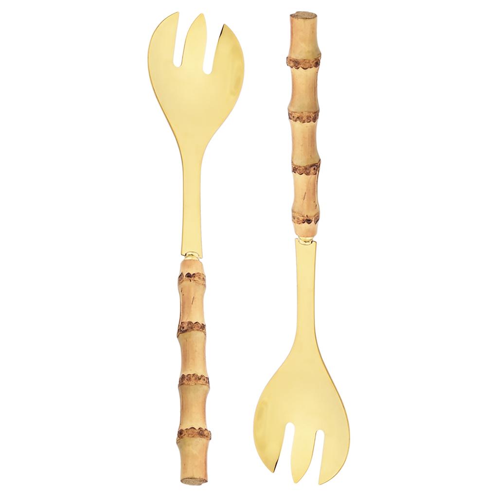 2Pcs/set Bamboo Wooden Handle Big Leaky Spoon Stainless Steel Tableware Long Handle Serving Spoon Fork Kitchen Cutlery Set